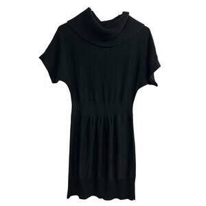 Minimalist chic black sweater dress wool blend cowl neck short sleeve‎ M